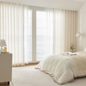 Beige Floral Sheer Curtains Rod Pocket Voile Drapes Bedroom UAE