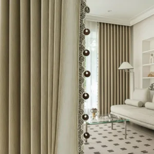 Gilda Chenille Jacquard Room Darkening Curtain with Boho Wooden Bead Trim
