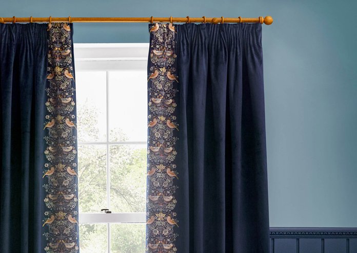 Strawberry Thief Embroidery Pencil Pleat Curtain Indigo