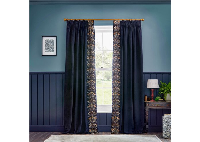 Strawberry Thief Embroidery Pencil Pleat Curtain Indigo