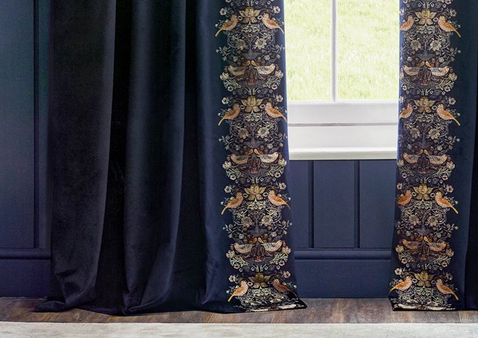 Strawberry Thief Embroidery Pencil Pleat Curtain Indigo