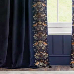 Strawberry Thief Embroidery Pencil Pleat Curtain Indigo