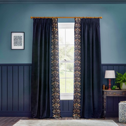 Strawberry Thief Embroidery Pencil Pleat Curtain Indigo